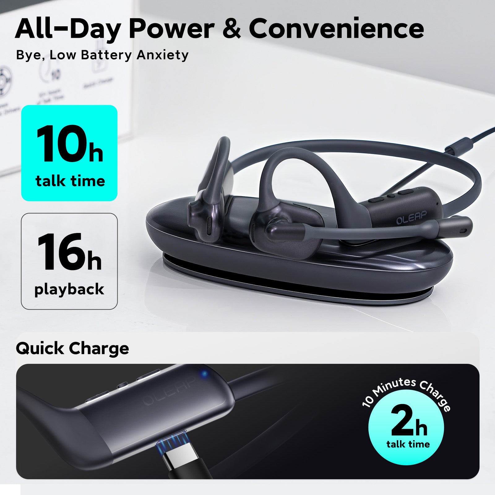 OLEAP P200b Pro ENC 50dB Noise Cancelling Mic Open Ear Headset, Bluetooth 5.3